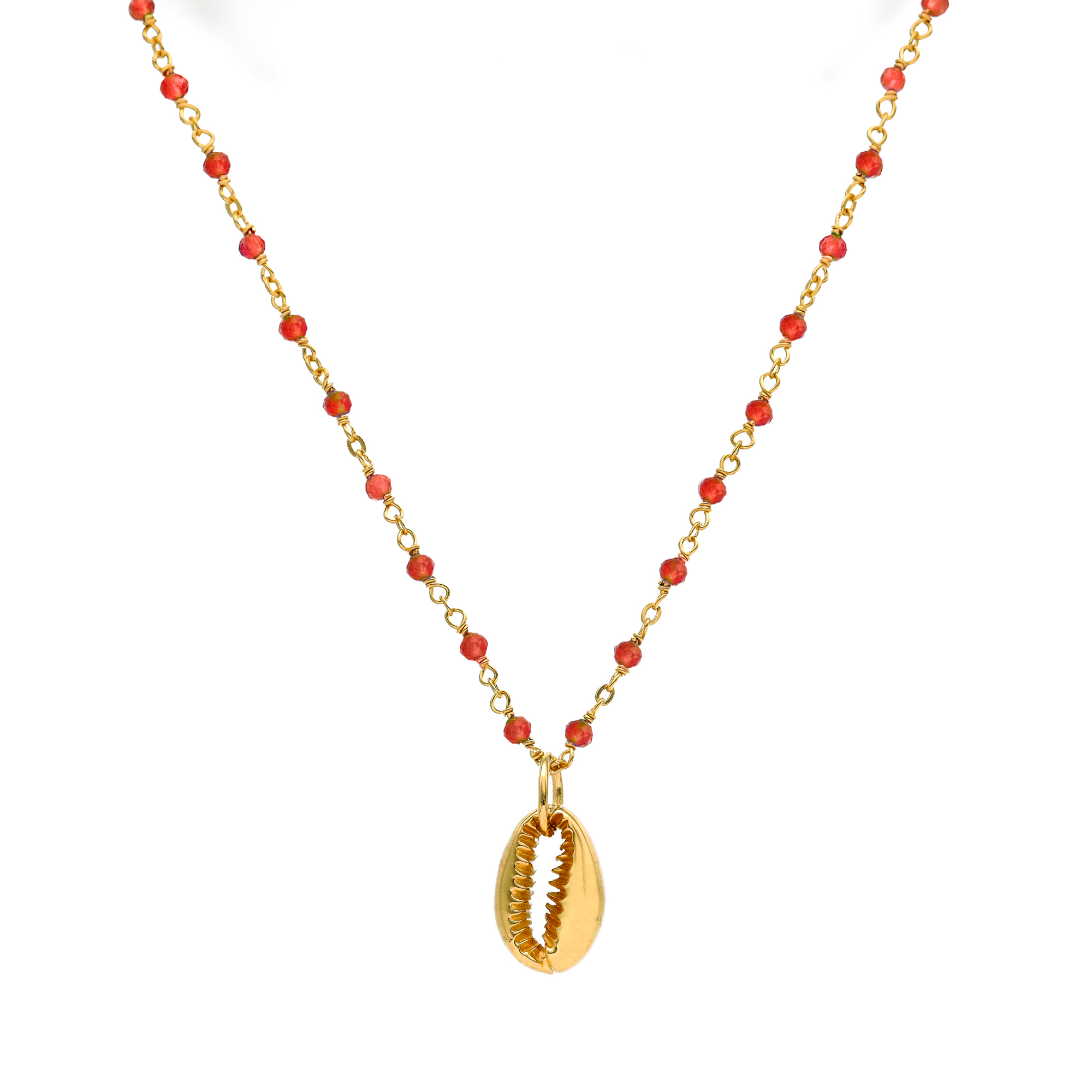 Collier chaine en argent doré avec pierres naturelles onyx rouge et coquillage