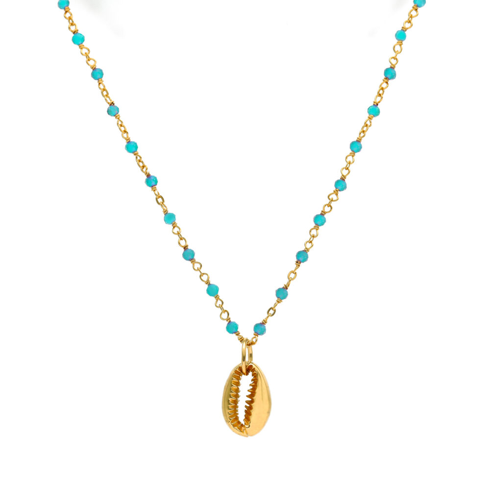 Collier chaine en argent doré avec pierres naturelles turquoise et coquillage