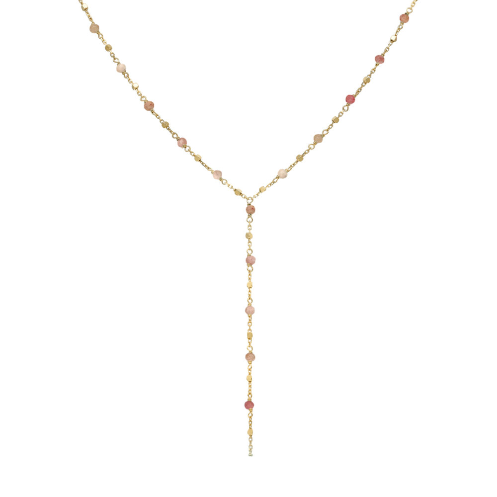 Collier cravate argent doré perles naturelles quartz rose fraise
