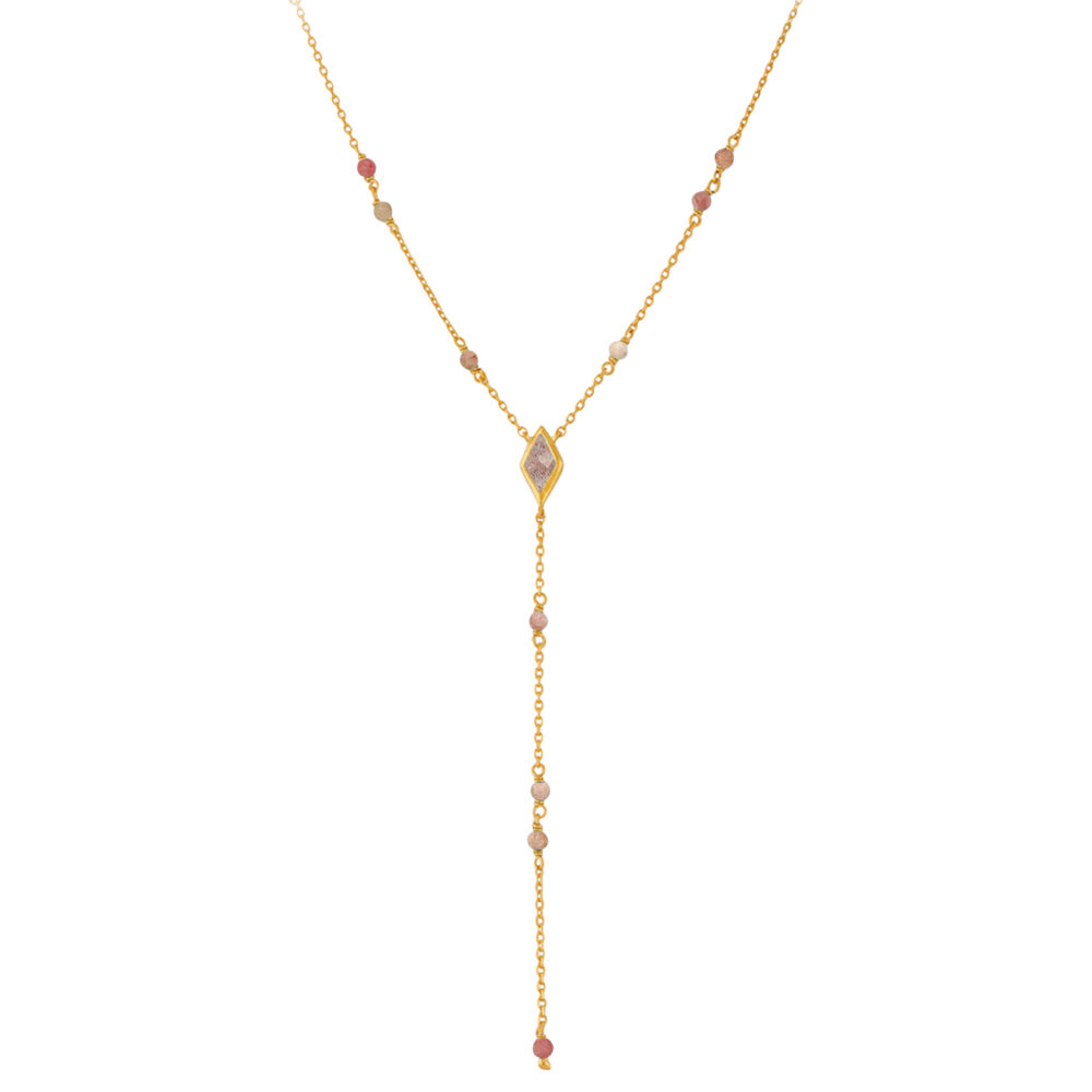 Collier en argent cravate doré pierre naturelle quartz rose fraise