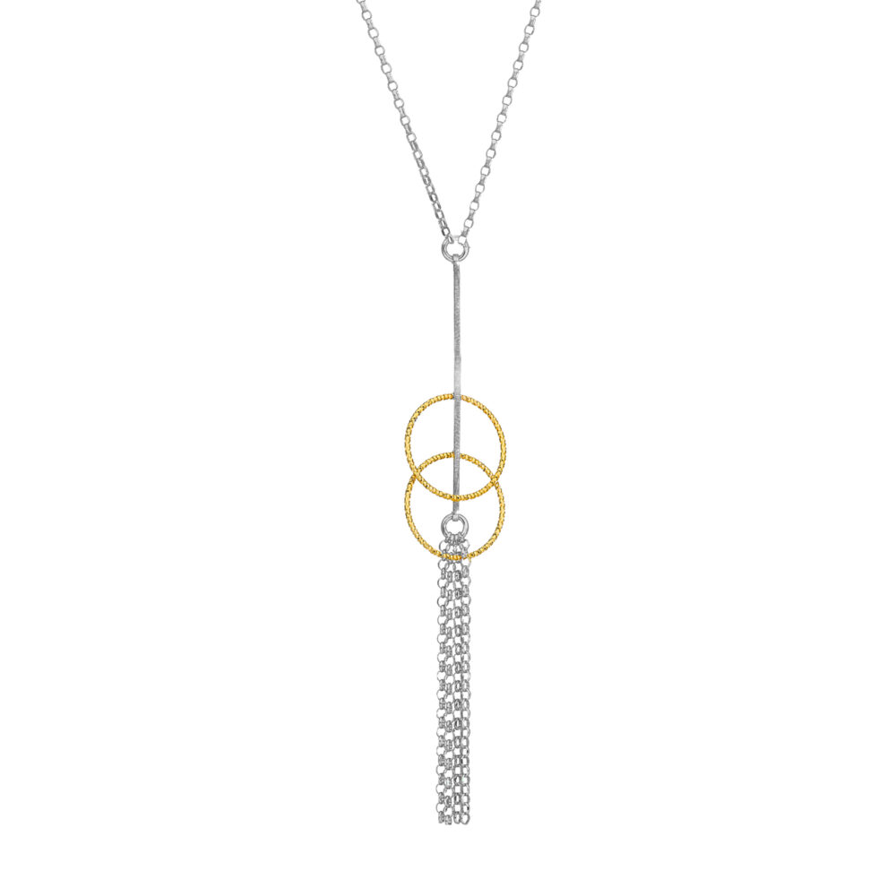 Collier en argent doré bicolore doubles cercles et pendant chaines