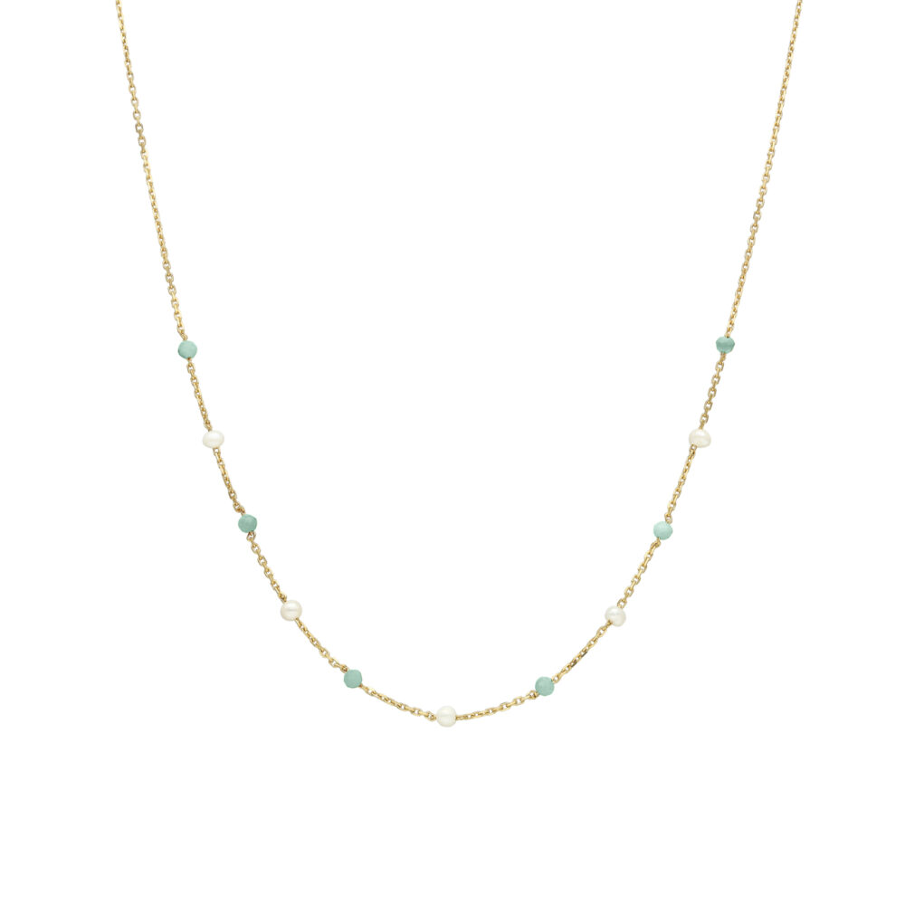 Collier en argent doré pierre naturelle amazonite et perle naturelle blanche