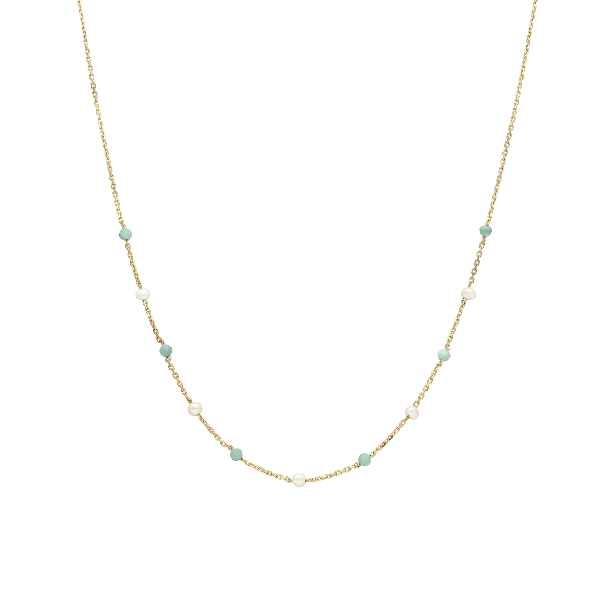 Collier en argent doré pierre naturelle amazonite et perle naturelle blanche