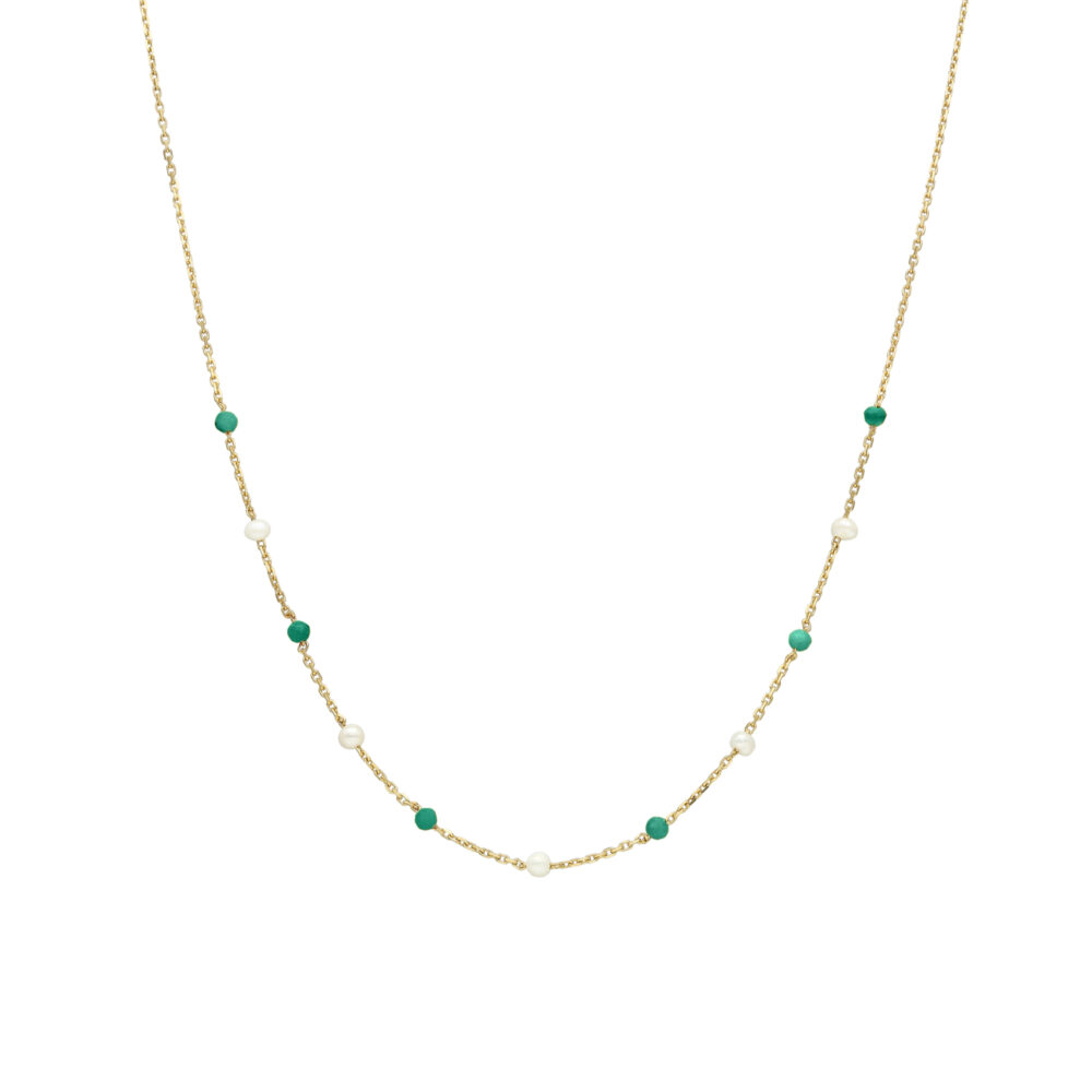 Collier en argent doré pierre naturelle onyx vert et perles naturelles blanche