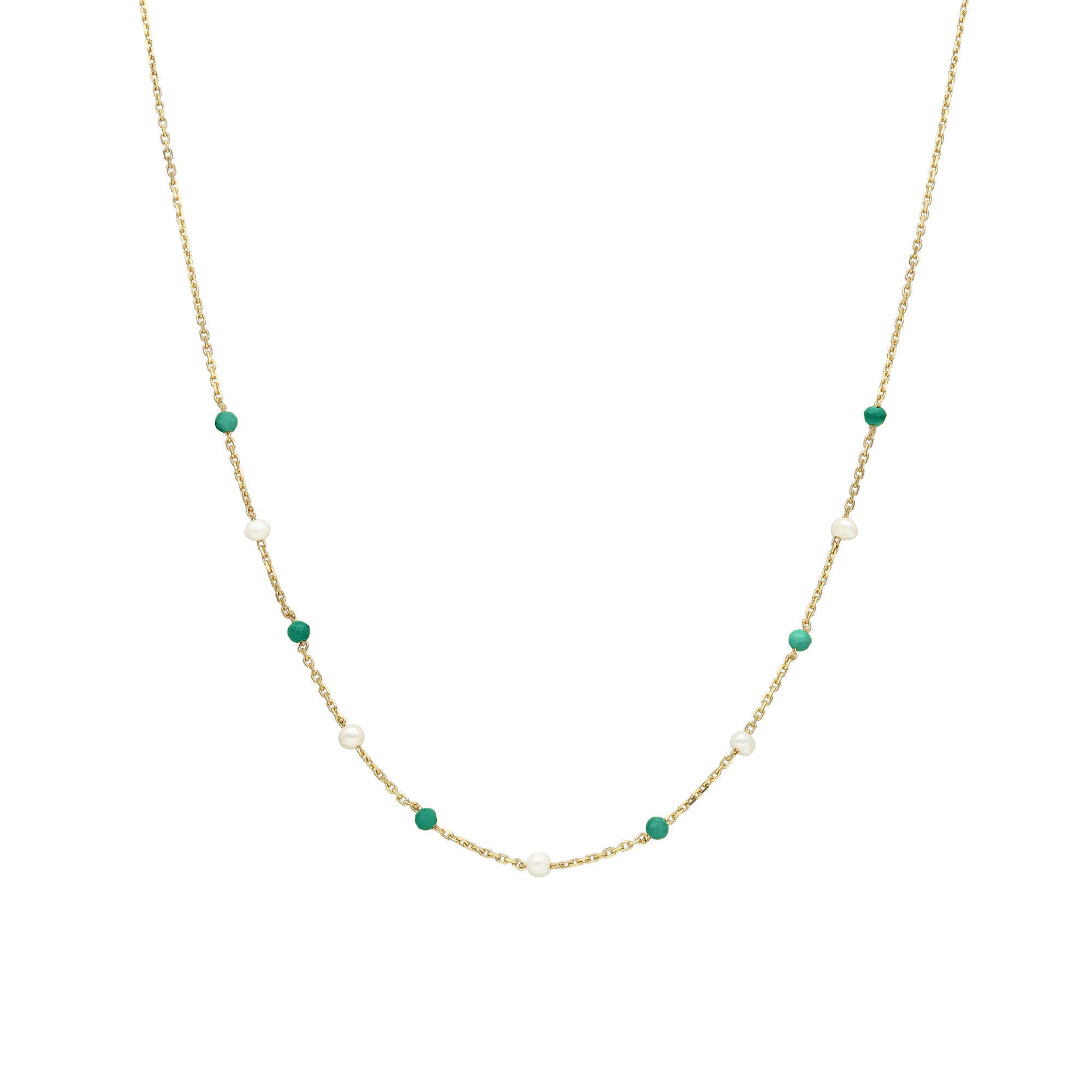Collier en argent doré pierre naturelle onyx vert et perles naturelles blanche
