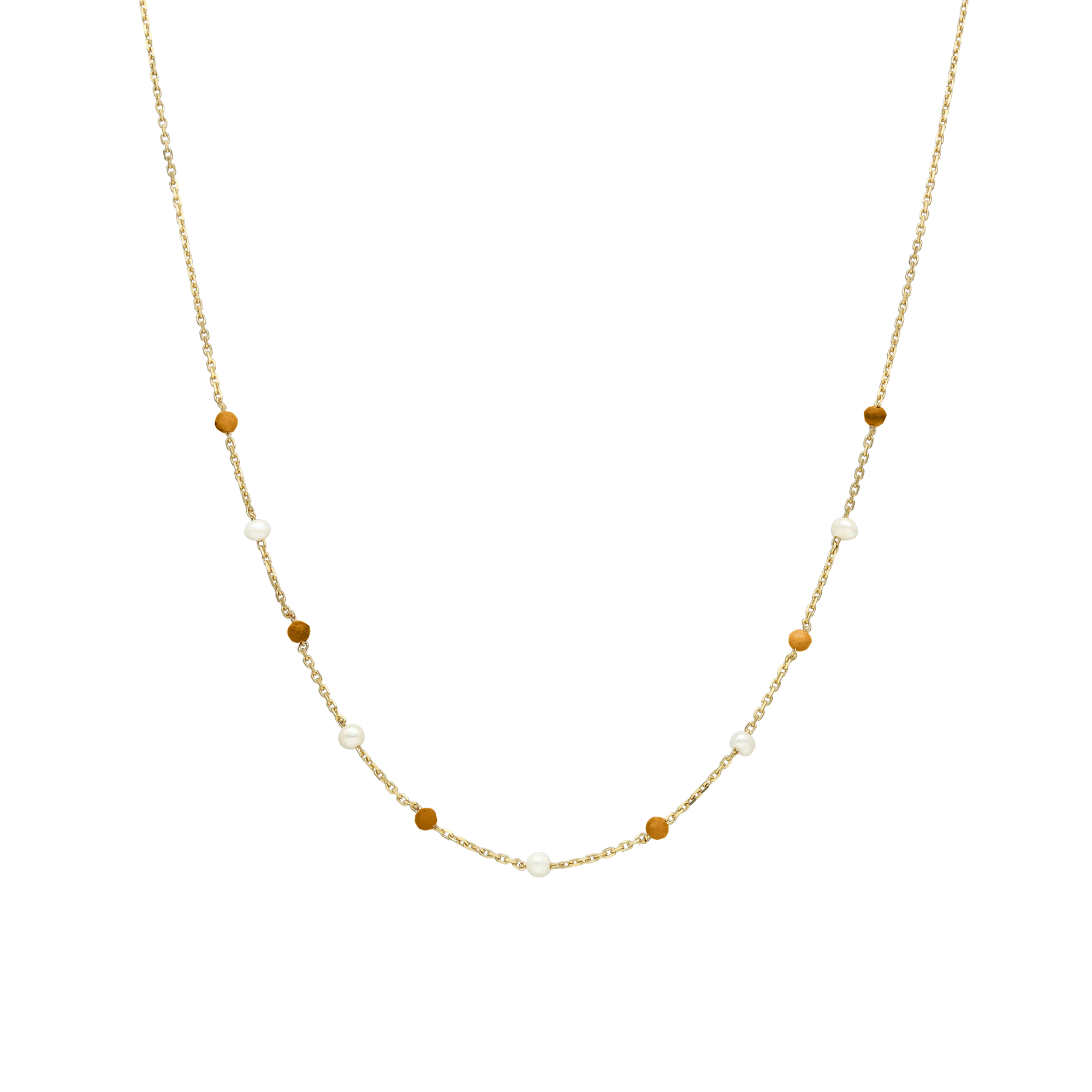 Collier en argent doré pierres naturelles œil de tigre et perles naturelles blanche