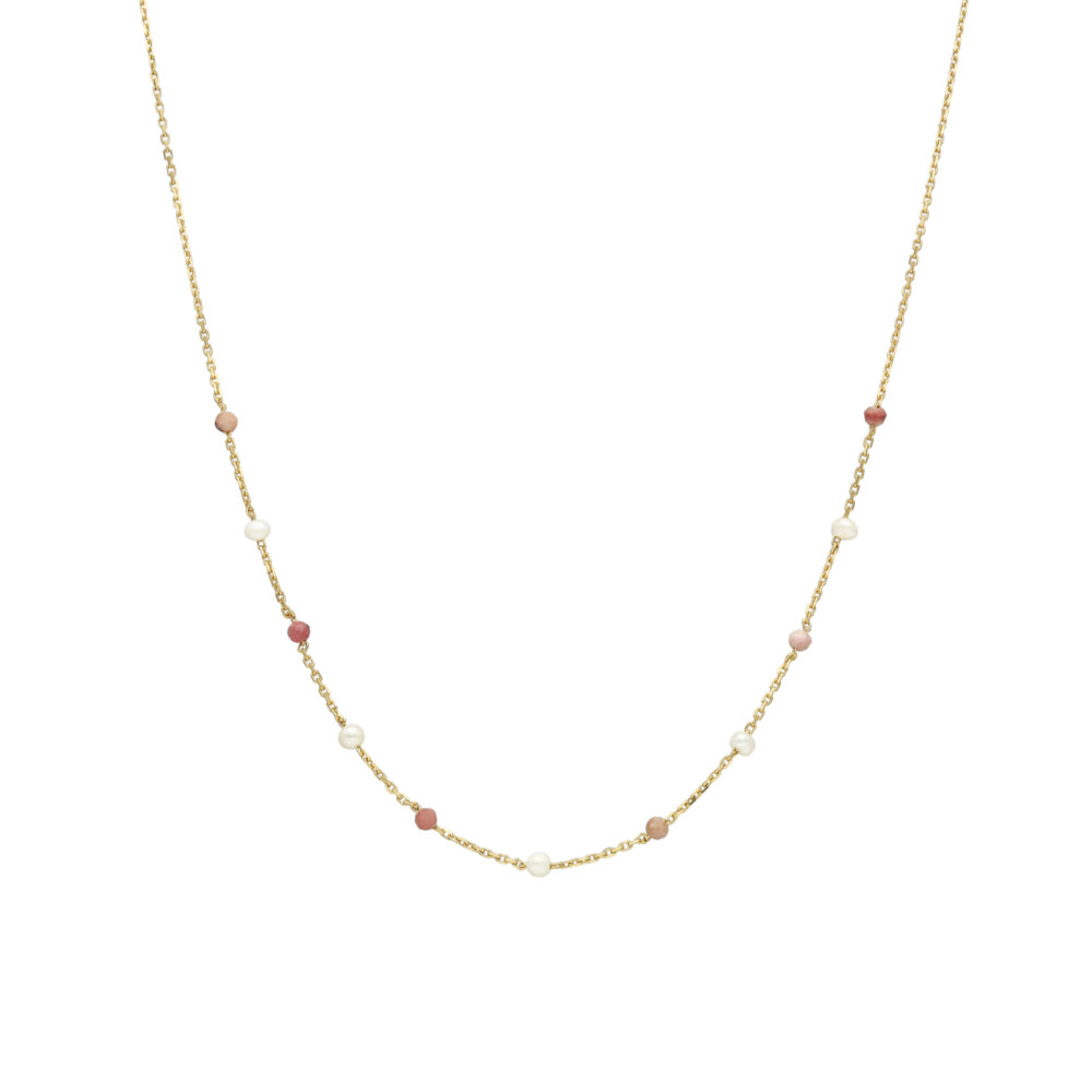 Collier en argent doré pierres naturelles quartz rose fraise et perles naturelles blanche