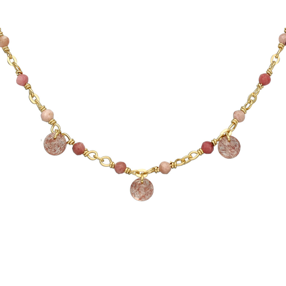 Alternative view of Collier en argent doré pierres naturelles quartz rose fraise pampilles quartz rose fraise