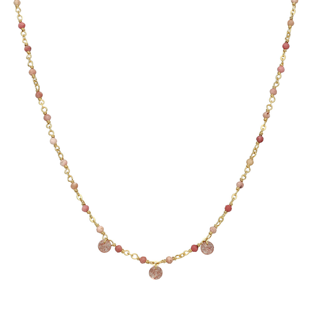 Collier en argent doré pierres naturelles quartz rose fraise pampilles quartz rose fraise