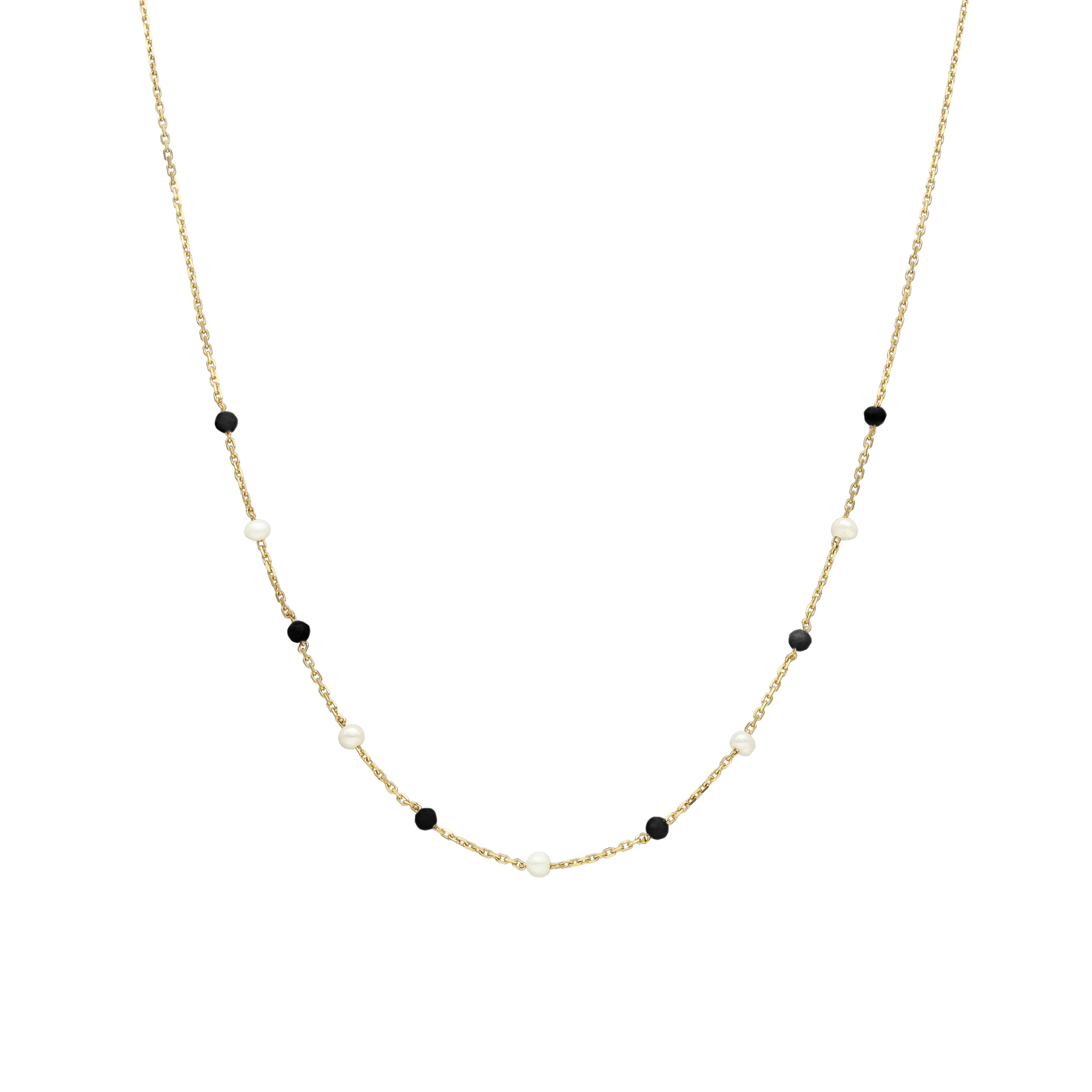 Collier en argent doré pierres naturelles spinelles noire et perles naturelles blanche