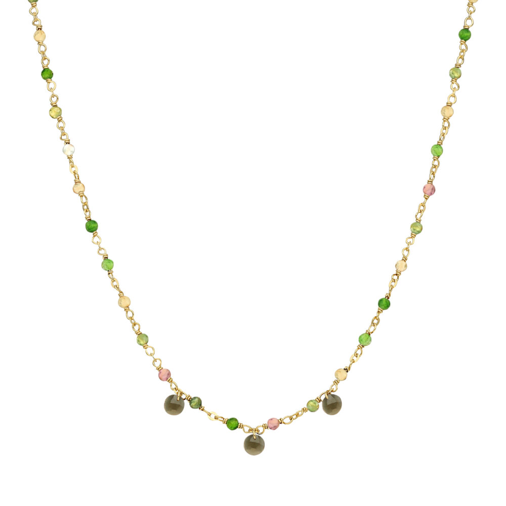 Collier en argent doré pierres naturelles tourmaline pampilles quartz fumé