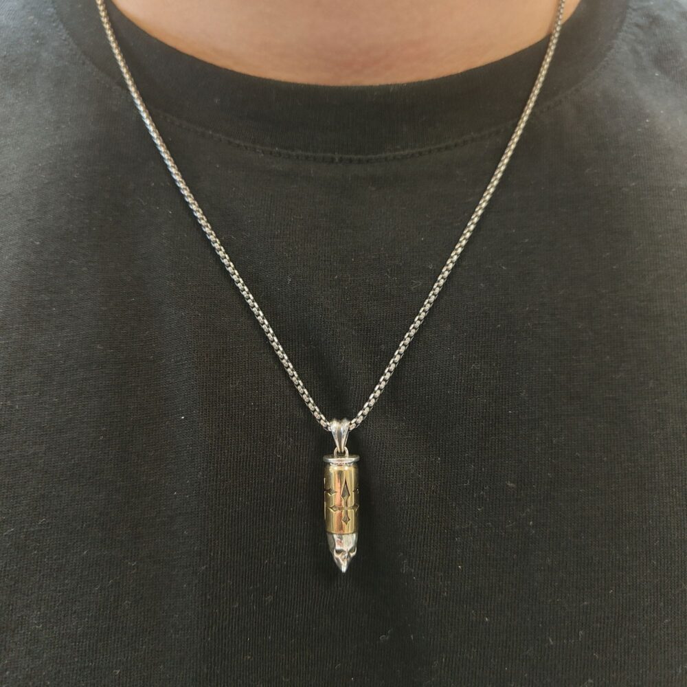 Alternative view of Collier homme argent bronze balle tête de mort