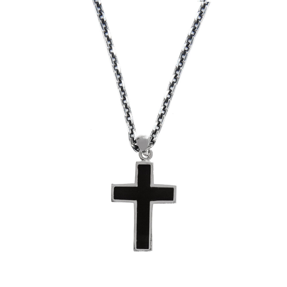 Collier homme argent croix rock onyx noir