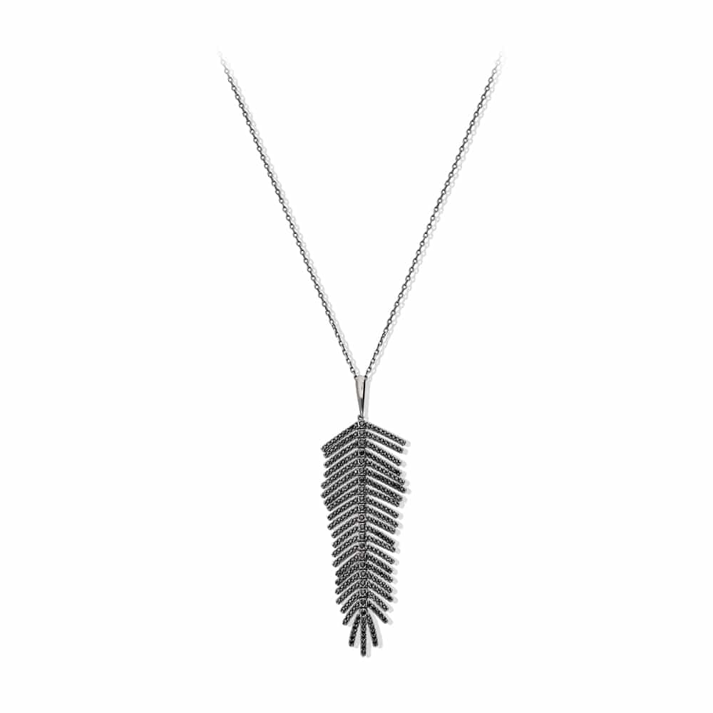 Collier plume argent sertie noire