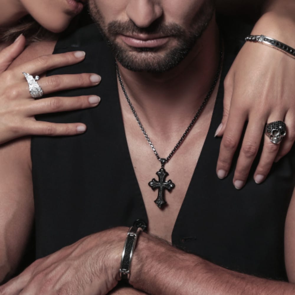 Croix pavée pendentif argent sertie noire – Image 2