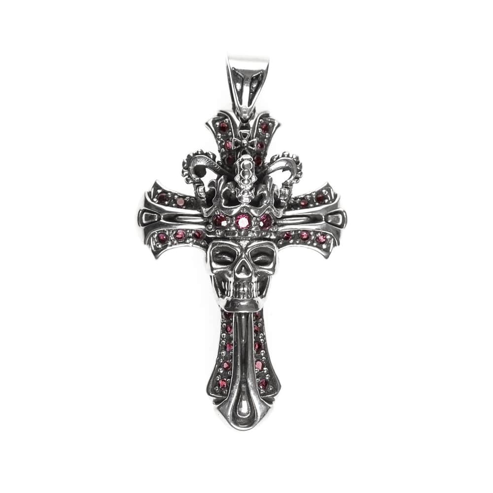 Croix royale tête de mort pendentif argent pierre rouge