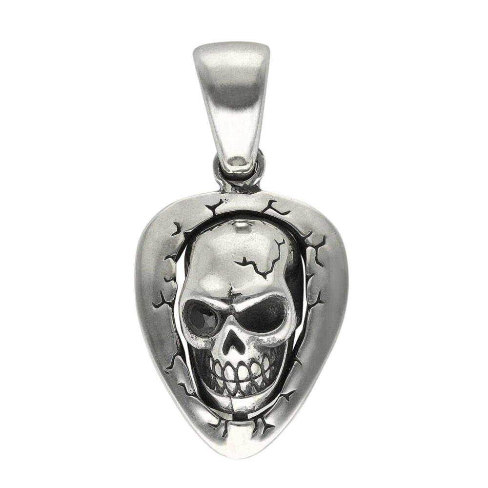 Tête de mort et médiator pendentif pierre noire argent