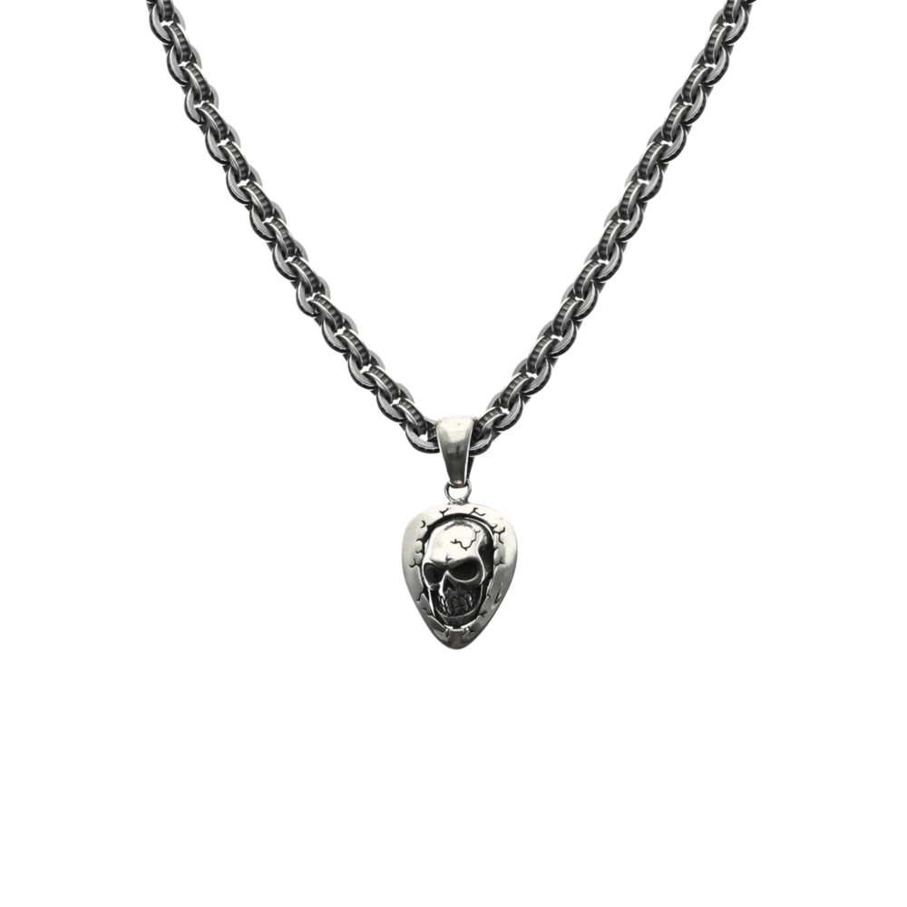 Collier chaine argent massive big fantaisie pendentif tête de mort et médiator pierre noire